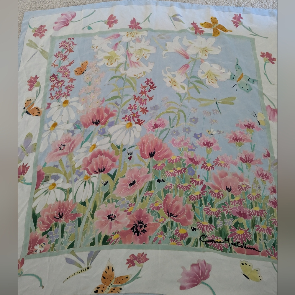 Cynthia MacCallum 100%silk scarf flowers floral butterfly nature